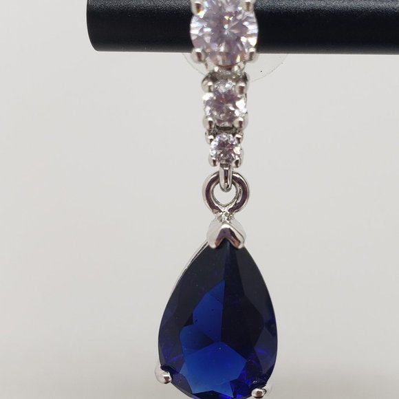 Blue Simulated Sapphire Pear Cut Drop Earrings - Picture 4 of 6